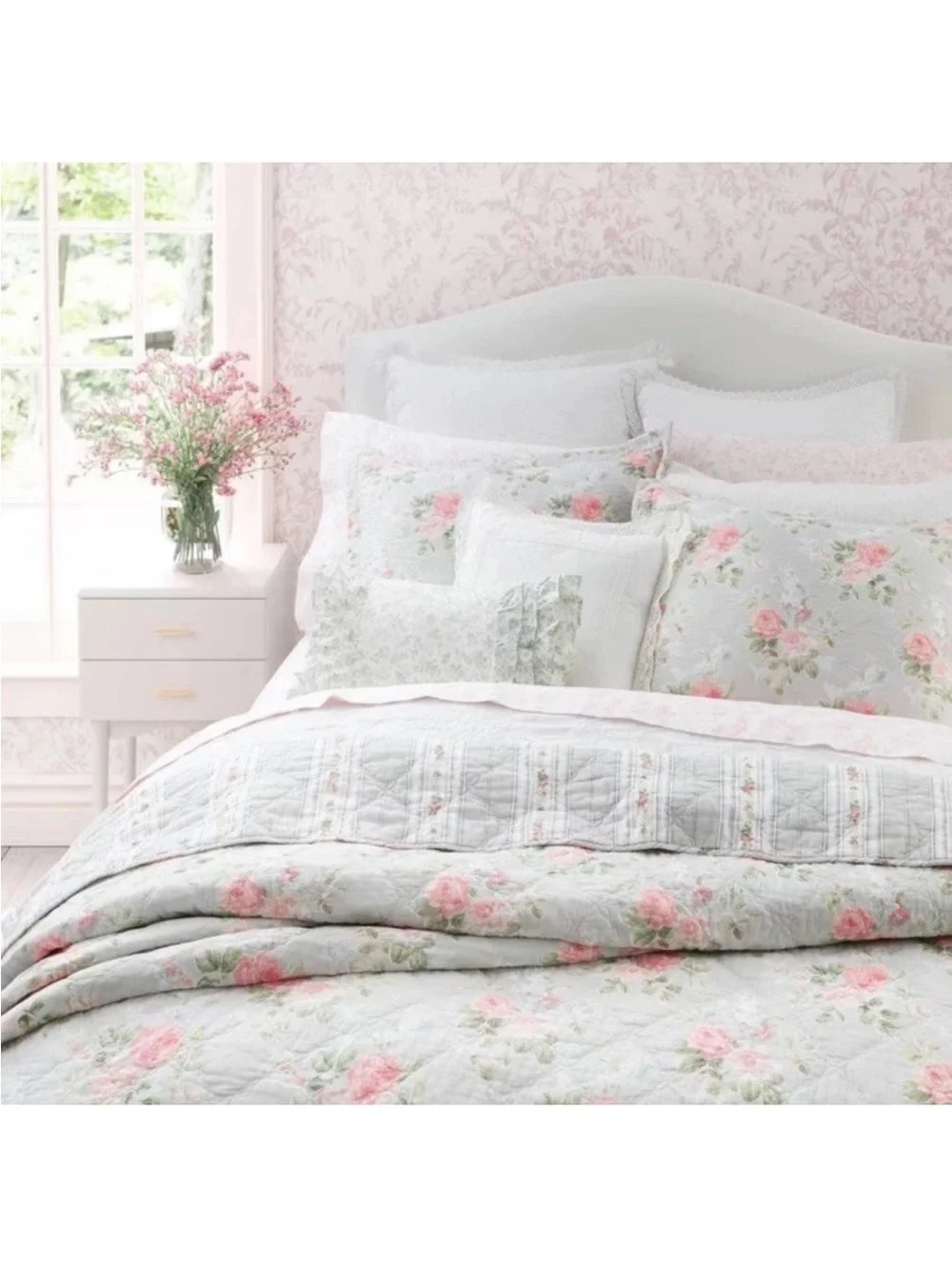 Laura Ashley ~ KING Melany Pink Rose Floral 3pc 100%Cotton Quilt Set Reversible